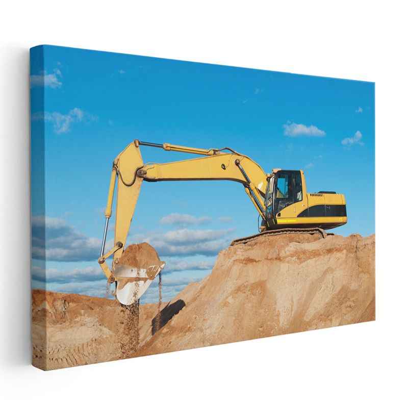 Ekskavatör - İnşaat Sahasında Çalışan Sarı İş Makinesi Kanvas Tablo
