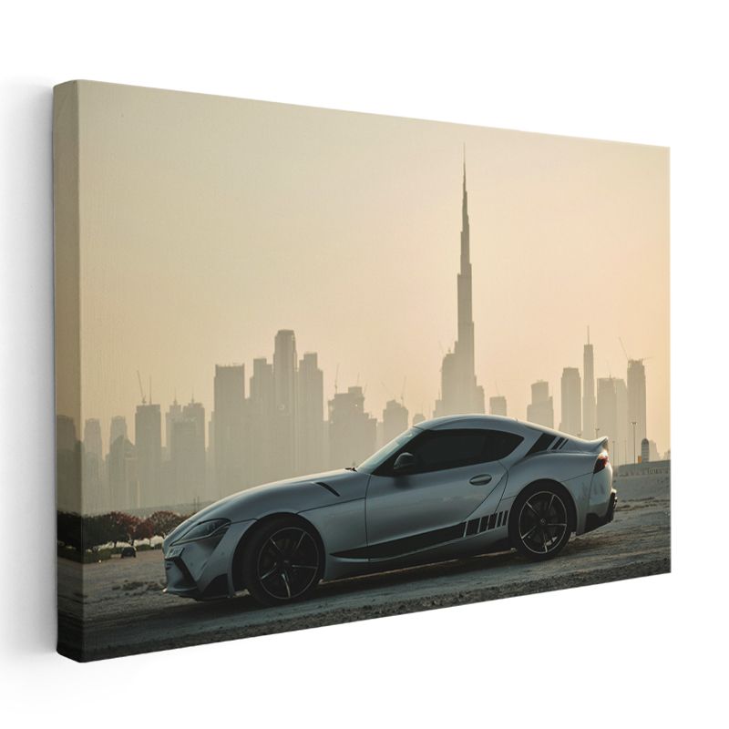 Toyota Supra - Dubai Silueti Önünde Modern Spor Araba Kanvas Tablo