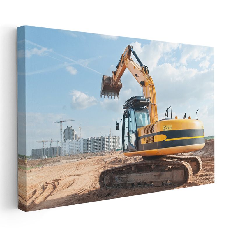 Sarı Ekskavatör - İnşaat Alanında Kanvas Tablo