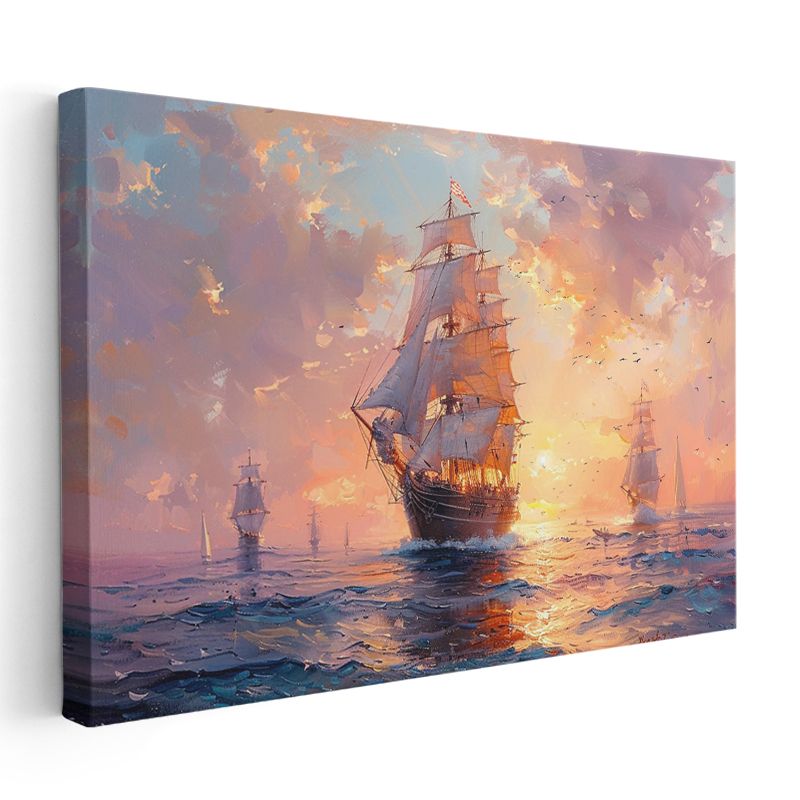 Yelkenli Gemi - Altın Saatlerde Denizde Kanvas Tablo