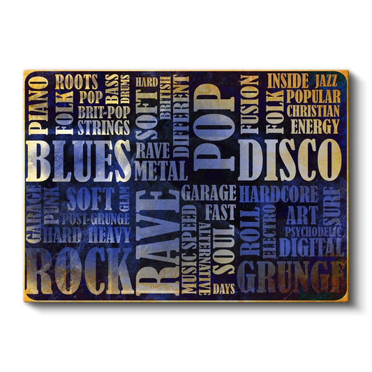 Müzik Türleri - Vintage Tipografi Kolajı Kanvas Tablo
