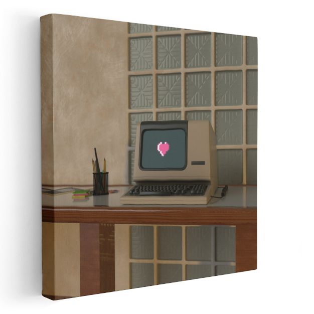 Vintage Bilgisayar - Pembe Kalpli Retro Teknoloji Kanvas Tablo