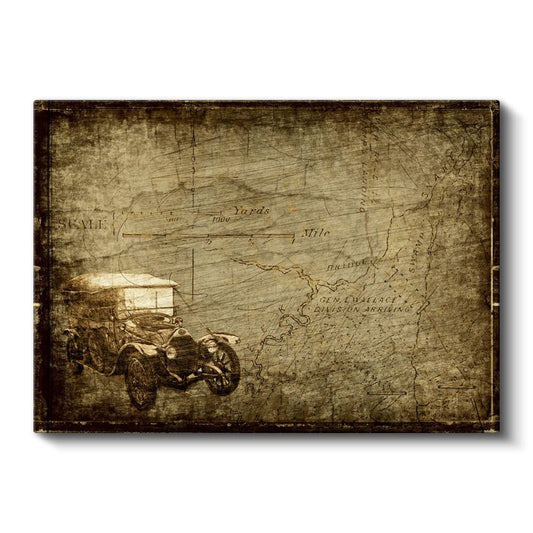 Klasik Otomobil - Eski Harita Üzerinde Yolculuk Kanvas Tablo