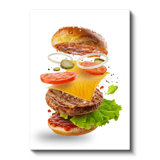Burger Patlamasi - Havada Asılı Duran Malzemeleriyle Yaratıcı Hamburger Kanvas Tablo