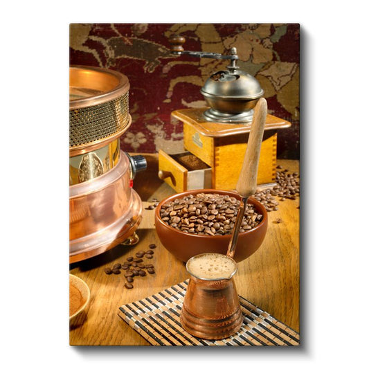 Geleneksel Kahve Ritüeli - Kahve Çekirdekleri ve Değirmen Kanvas Tablo