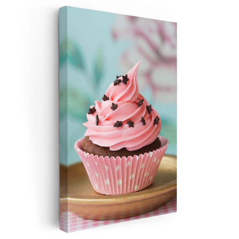 Pembe Cupcake - Yıldız Süslemeli Çikolatalı Tatlı Kanvas Tablo