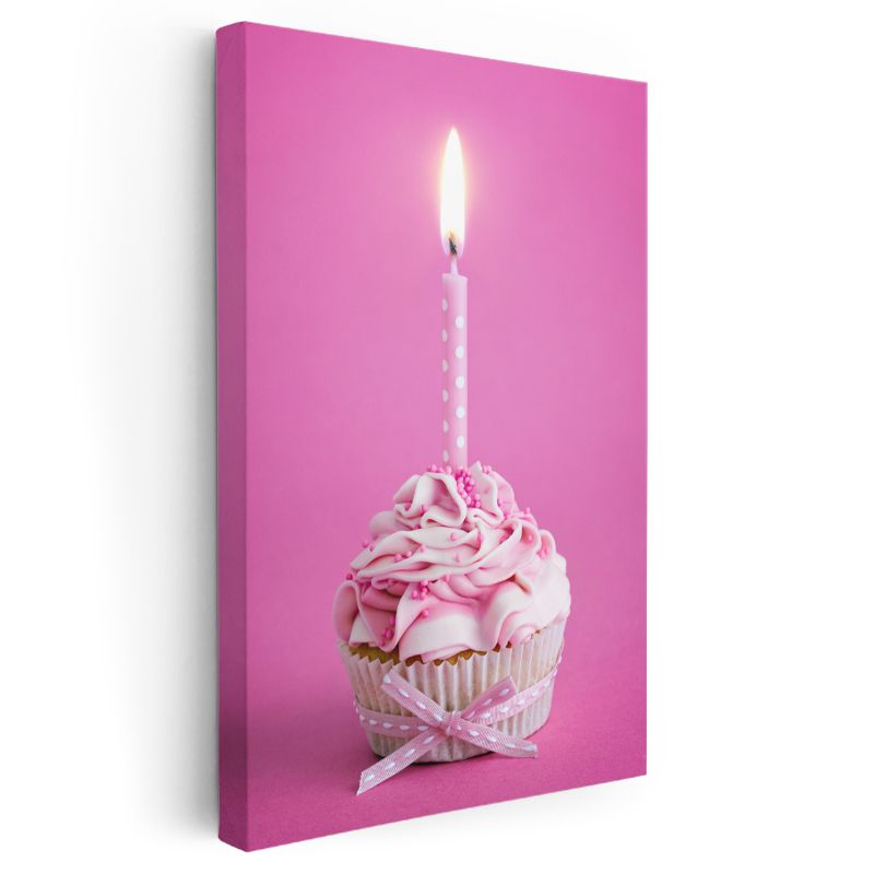 Doğum Günü Cupcake - Pembe Krema ve Mum Detaylı Tatlı Kanvas Tablo