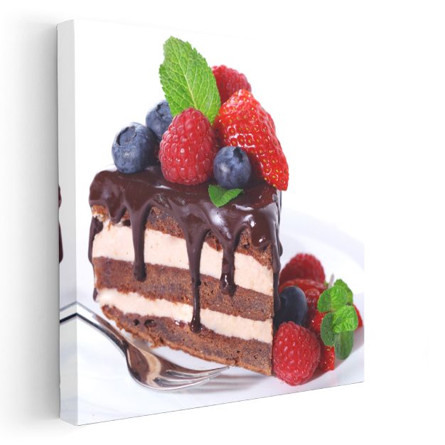 Meyveli Pasta Dilimi - Çikolata Soslu Tatlı Ziyafet Kanvas Tablo