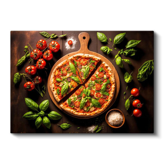 İtalyan Pizzası - Fesleğen ve Domates ile Süslenmiş Lezzet Kanvas Tablo