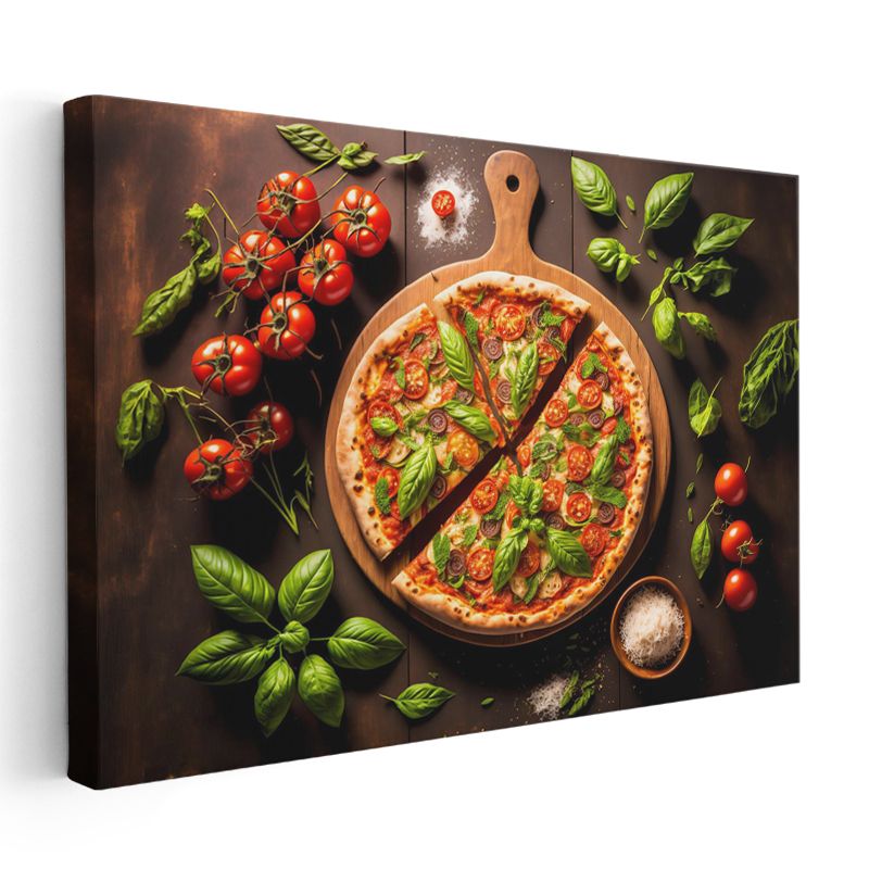 İtalyan Pizzası - Fesleğen ve Domates ile Süslenmiş Lezzet Kanvas Tablo