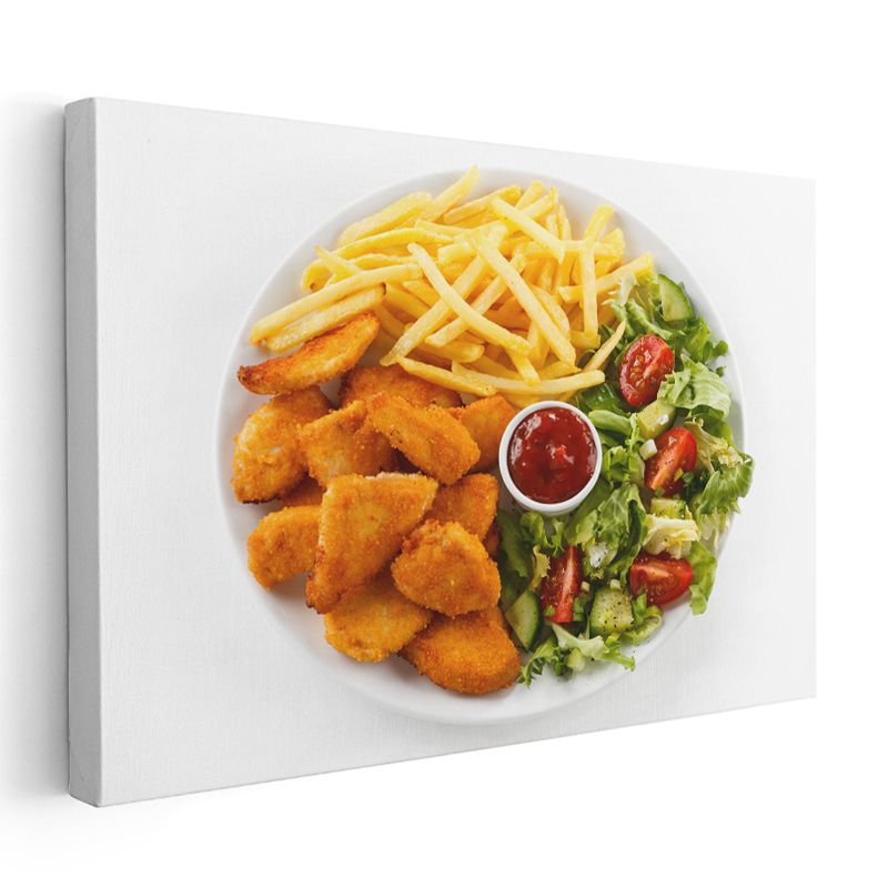 Altın Rengi Tavuk Nugget - Taze Salata ve Patates Kızartması Eşliğinde Kanvas Tablo