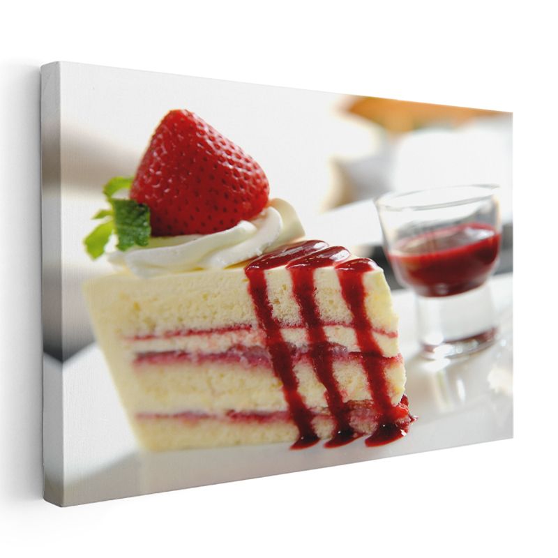 Çilekli Dilim - Kırmızı Soslu Tatlı Kanvas Tablo