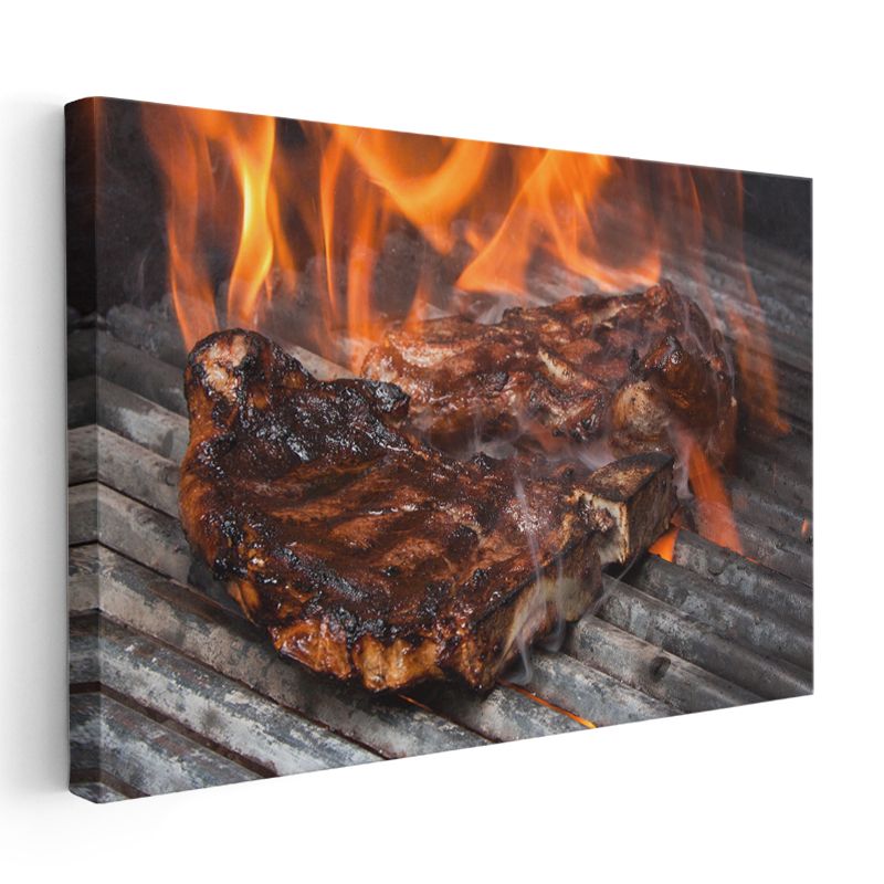 Izgara Biftek - Alevler İçinde Mükemmel Pişmiş Et Kanvas Tablo