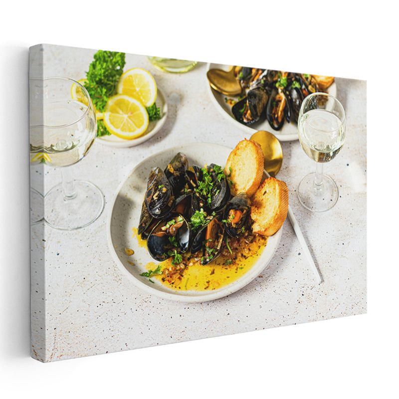Midye Ziyafeti - Şarap Eşliğinde Deniz Mahsulleri Kanvas Tablo