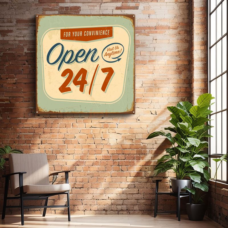 Open 24/7 - Vintage Dükkan Tabelası Kanvas Tablo