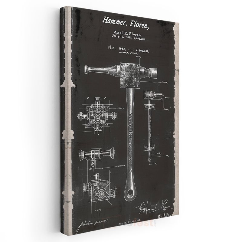 Çekiç Patent Çizimi - 1952 Tarihli Endüstriyel Alet Kanvas Tablo