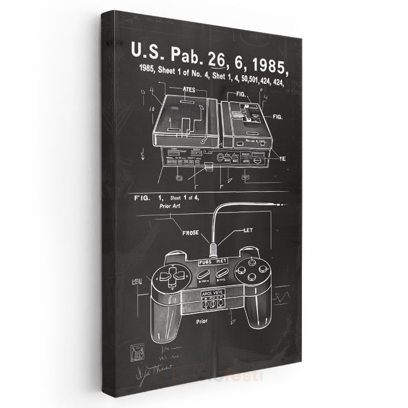 Oyun Konsolu - 1985 Retro Oyun Kumandası Patent Çizimi Kanvas Tablo