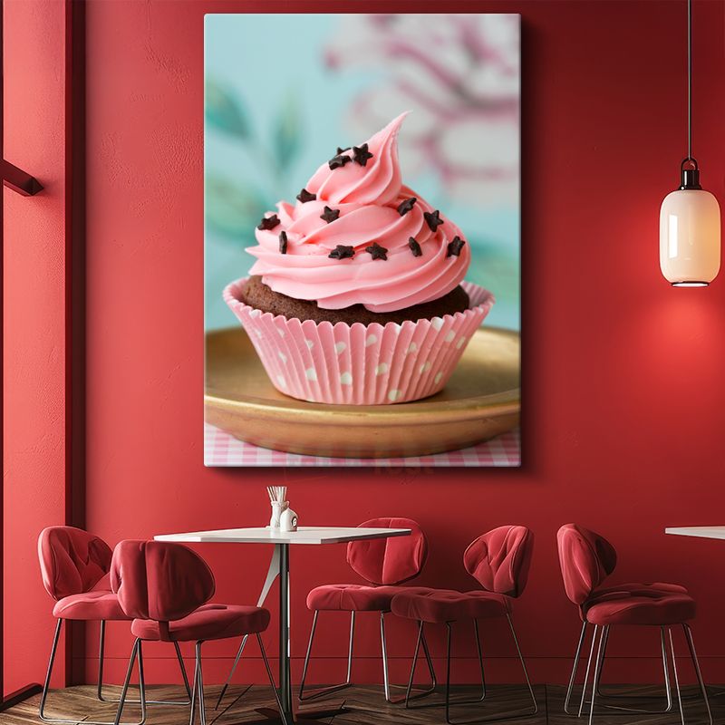 Pembe Cupcake - Yıldız Süslemeli Çikolatalı Tatlı Kanvas Tablo