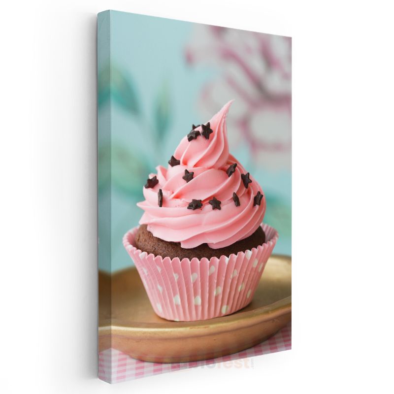 Pembe Cupcake - Yıldız Süslemeli Çikolatalı Tatlı Kanvas Tablo