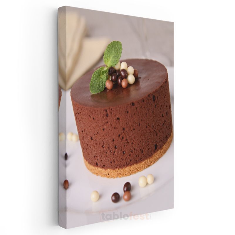 Çikolatalı Mousse Pasta - Nane Yapraklı Gurme Tatlı Kanvas Tablo