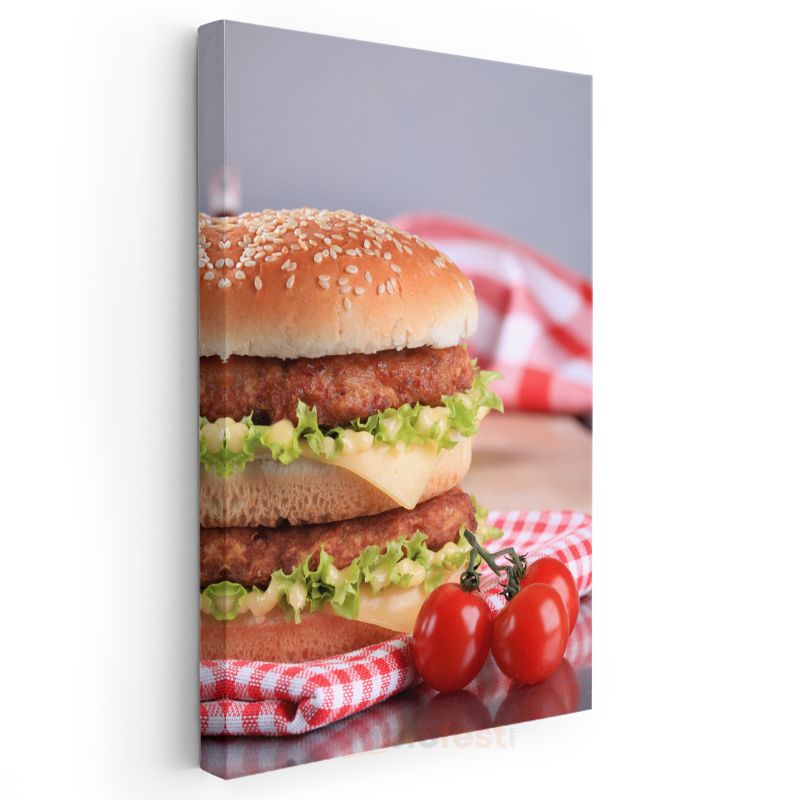 Çift Katlı Hamburger - Peynirli Leziz Fast Food Kanvas Tablo