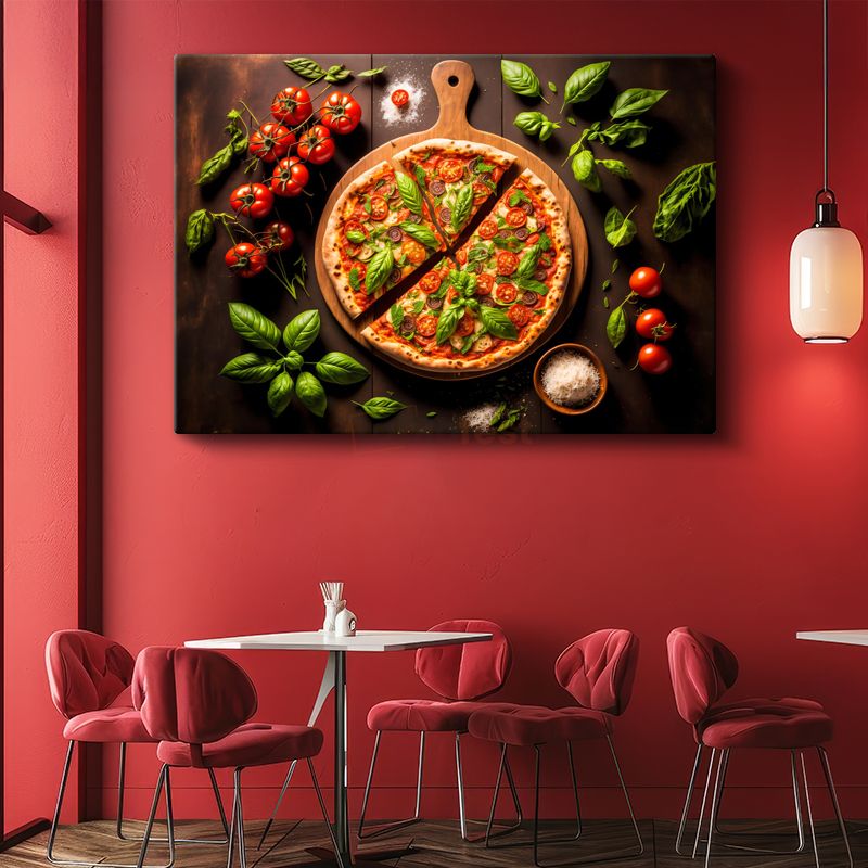 İtalyan Pizzası - Fesleğen ve Domates ile Süslenmiş Lezzet Kanvas Tablo