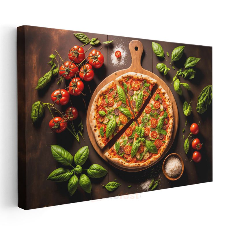 İtalyan Pizzası - Fesleğen ve Domates ile Süslenmiş Lezzet Kanvas Tablo