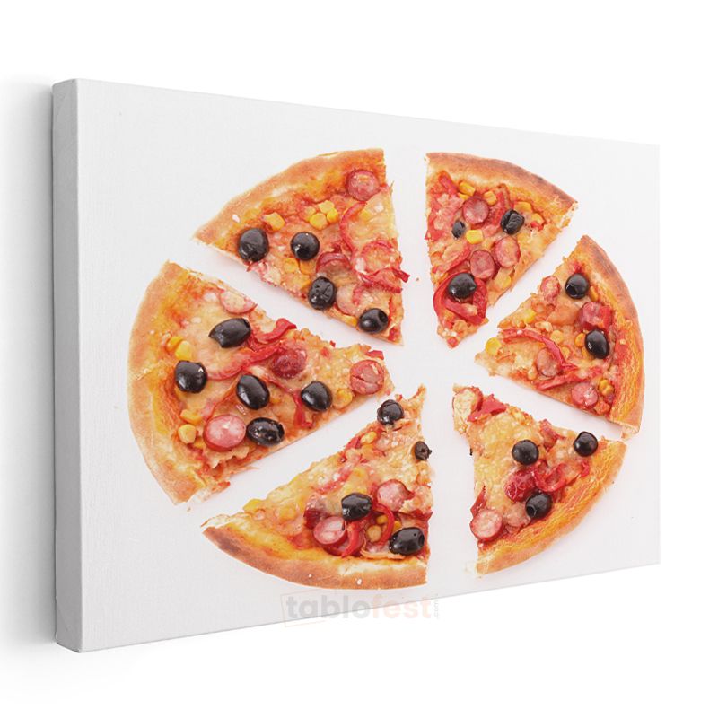 Dilimlenmiş Pizza - Sucuklu ve Zeytinli Karışık Kanvas Tablo