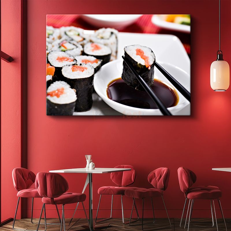 Sushi Ziyafeti - Çubukla Tutulmuş Somon Rulosu Kanvas Tablo