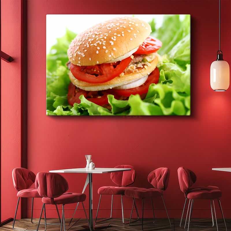 Lezzetli Hamburger - Taze Sebzeli Fast Food Kanvas Tablo