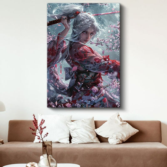 Kiraz Çiçekleri - Samuray Kız Portresi Anime Kanvas Tablo