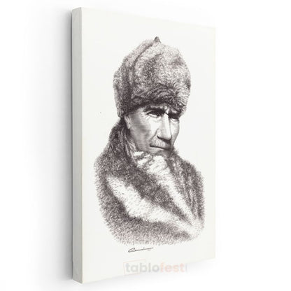 Kürklü Atatürk - Karakalem Kış Portresi Kanvas Tablo