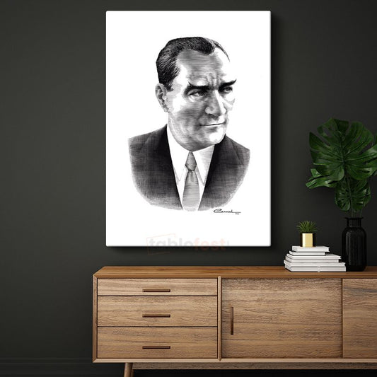 Karakalem Atatürk - İmzalı Portre Kanvas Tablo