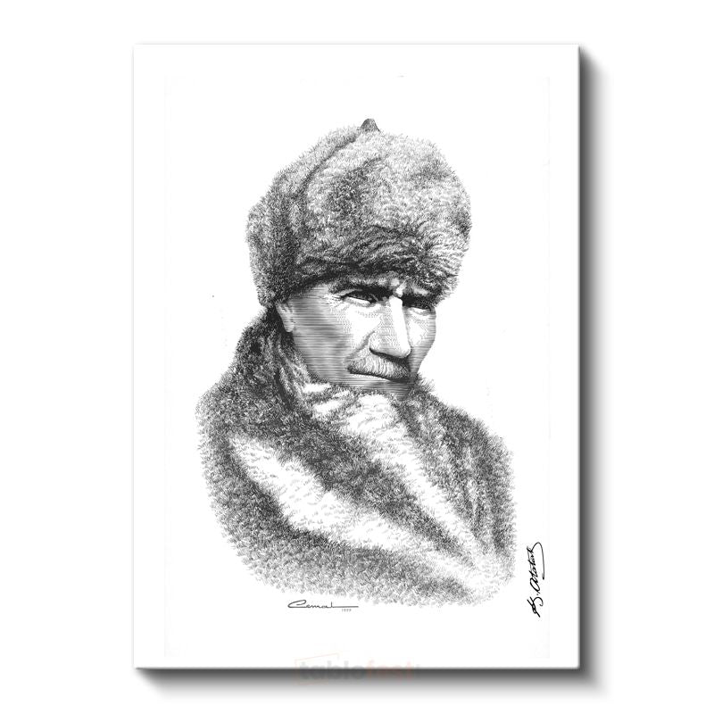 Kürklü Atatürk - İmzalı Karakalem Portre Kanvas Tablo