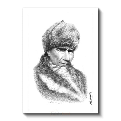 Kürklü Atatürk - İmzalı Karakalem Portre Kanvas Tablo