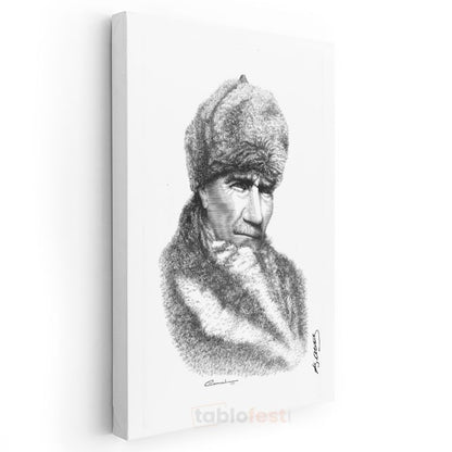 Kürklü Atatürk - İmzalı Karakalem Portre Kanvas Tablo