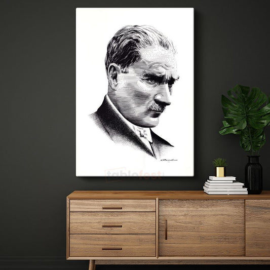 Nokta Çizim Atatürk - Beyaz Fonda Portre Kanvas Tablo