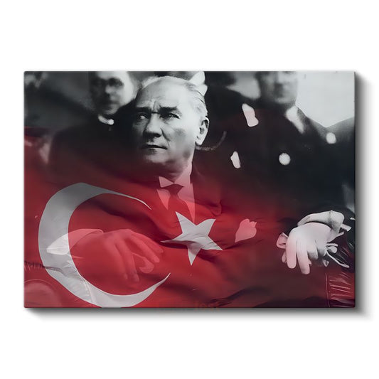 Bayrak Efektli Atatürk - Kırmızı Tonlu Portre Kanvas Tablo