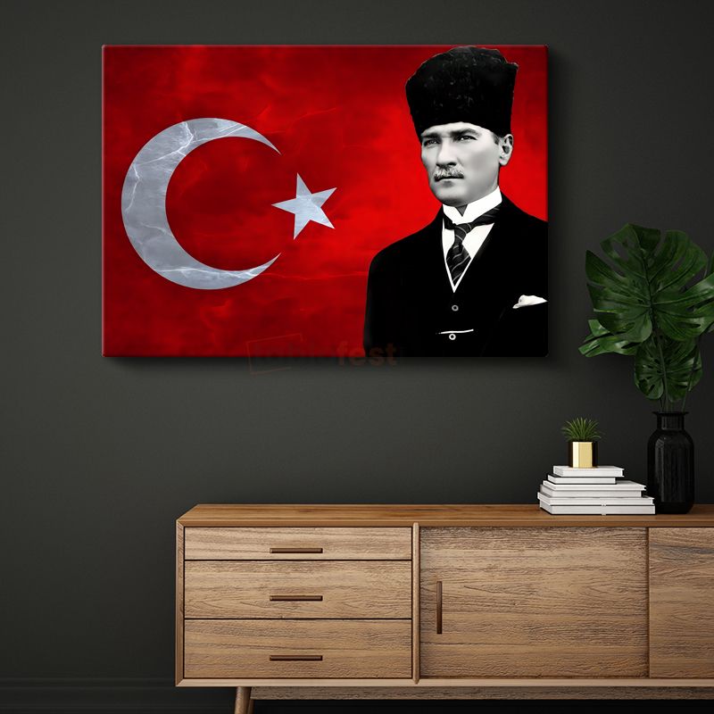 Kalpaklı Atatürk - Kırmızı Bayrak Fonlu Portre Kanvas Tablo