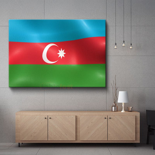 Azerbaycan Bayrağı - Dalgalı Görünüm Kanvas Tablo