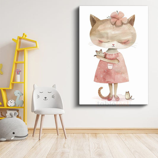 Kedi ve Fare - Pembe Elbiseli Sevimli Dostlar Kanvas Tablo