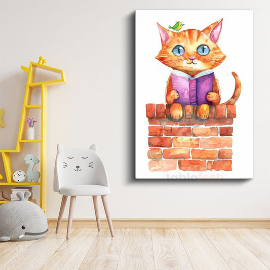 Kitapsever Kedi - Minik Kuşla Okuma Keyfi Kanvas Tablo