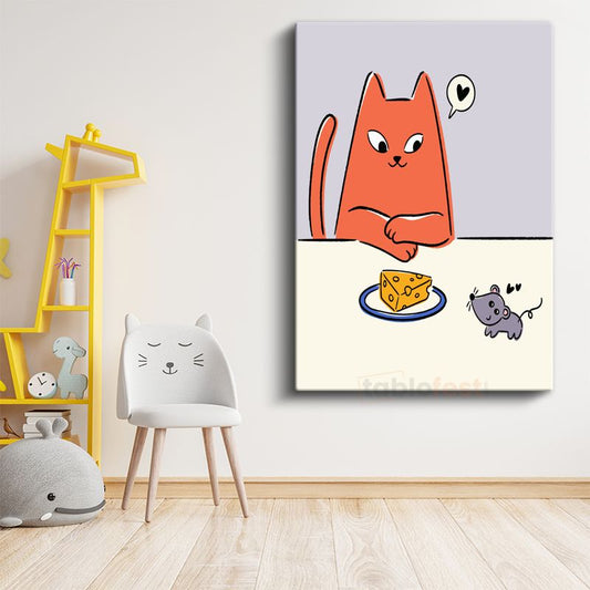 Kedi ve Fare - Peynir Dilimi Etrafında Dostluk Kanvas Tablo
