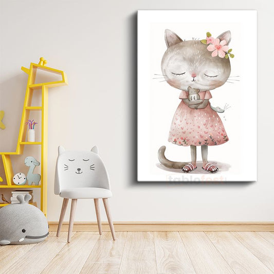 Kedi ve Fare - Pembe Elbiseli Sevimli Dostlar Kanvas Tablo