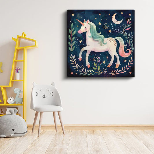 Gece Unicornu - Yıldızlı Gökyüzünde Büyülü Yolculuk Kanvas Tablo