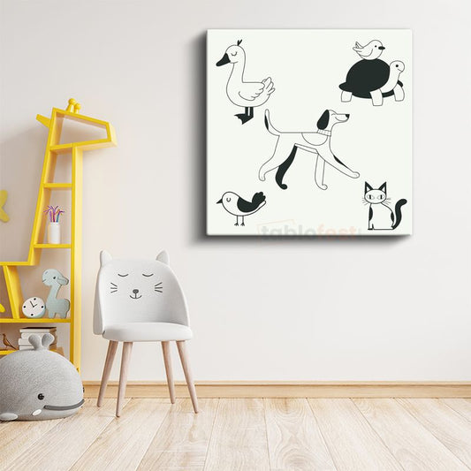 Siyah Beyaz Hayvanlar - Minimalist Dostlar Kanvas Tablo