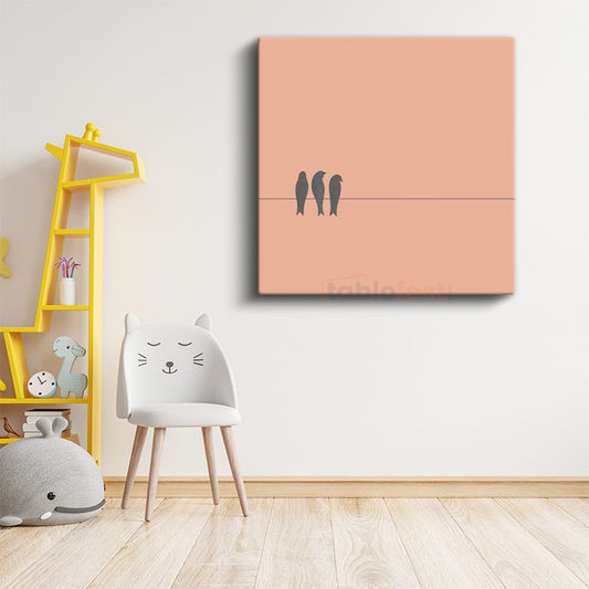 Kuş Dostlar - Minimalist Tel Üstünde Kuşlar Kanvas Tablo