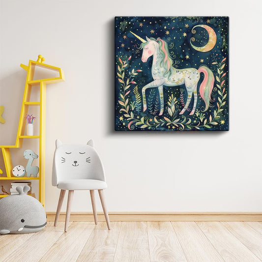 Gece Unicorn - Yıldızlı Gökyüzünde Sihirli Dostumuz Kanvas Tablo