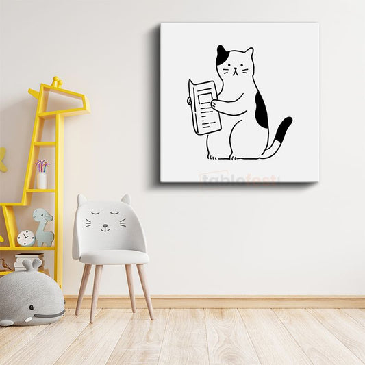 Kitap Okuyan Kedi - Meraklı Öğrenci Kanvas Tablo