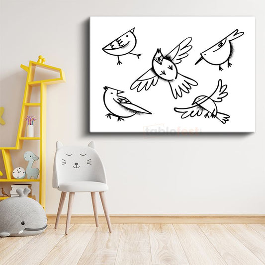 Siyah Beyaz Kuşlar - Minimalist Çizim Kanvas Tablo